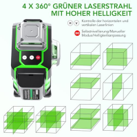 Křížový laser 4x360°, FELLAT křížový laser zelený samonivelační laserová vodováha 16 liniový laserový rotační laser s dobíjecími